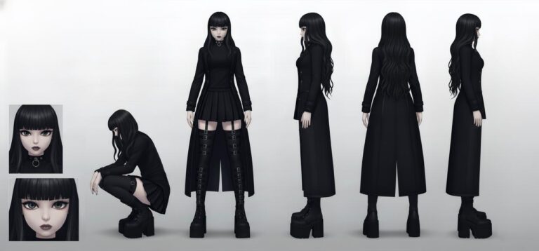 Character design sheet for the Eisblumen AI reinterpretation: goth character turnaround and face studies