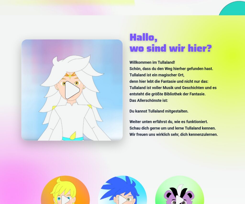 Tullaland website introduction section with character video and welcome copy