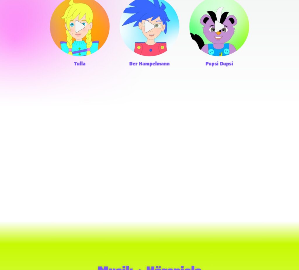 Tullaland music and video section with colorful video player and social links