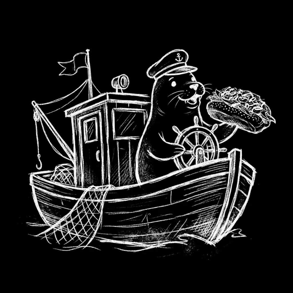 Illustrated fishing boat with a seal captain and an Underdocks roll