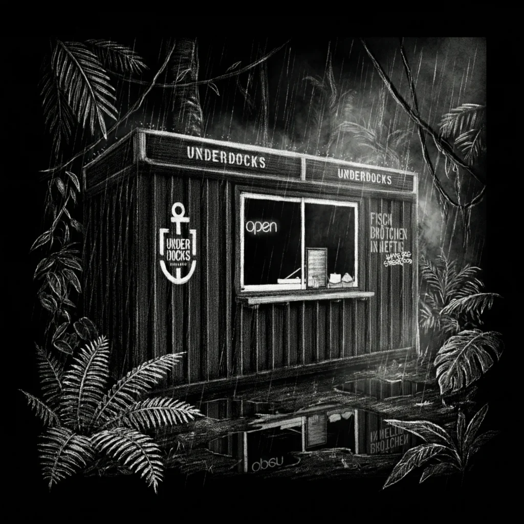 Underdocks shipping-container restaurant in a rainforest illustration