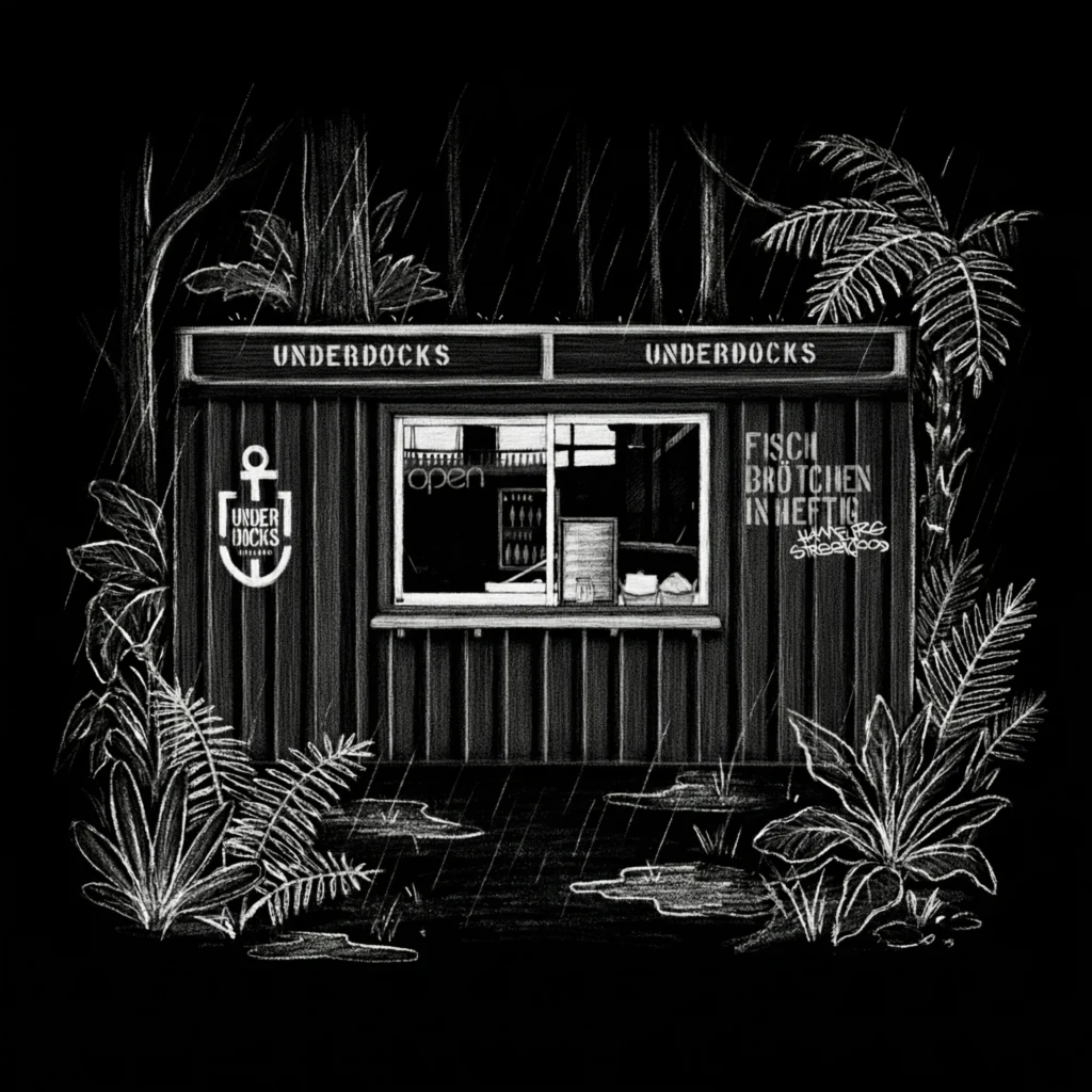 Underdocks container restaurant in an illustrated jungle clearing