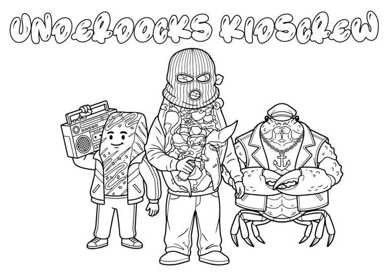 Underdocks Kidscrew colouring page with four street-style seafood characters