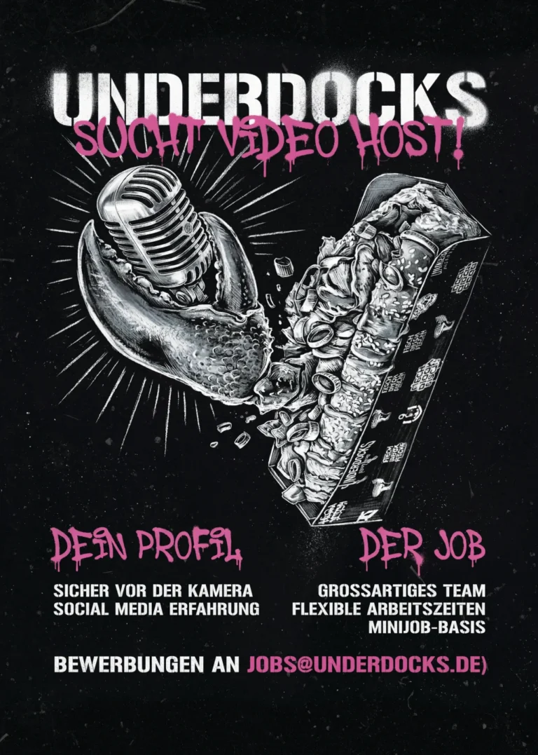 Underdocks video-host recruitment poster with a microphone and seafood character